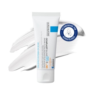 Tratamiento reparados Cicaplast Baume B5 SPF 50+ 40ml de La Roche Posay  con textura de fondo y sello dermatológico