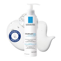 Gel limpiador Cicaplast B5 200ml de La Roche Posay con textura de fondo y sello dermatológico