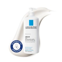 Leche corporal hidratante Lipikar 750ml de La Roche Posay con textura de fondo y sello dermatológico