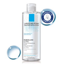 Agua Micelar para Piel Sensible 200ml de La Roche Posay con textura de fondo y sello dermatológico