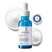 Serum Rellenado Hyalu B5  La Roche Posay  30 ml, con textura de fondo y sello dermatológico