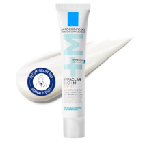 Tratamiento anti-acné Effaclar Duo SPF30 40ml de La Roche Posay con textura de fondo y sello dermatológico