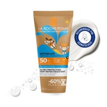 Protector Solar Anthelios XL SPF 50+ Dermopediatrics 200 ml de La Roche Posay con textura de fondo y sello dermatológico