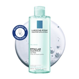 Agua Micelar Limpiadora Ultra 400ml de La Roche Posay Effaclar con textura de fondo y sello dermatológico