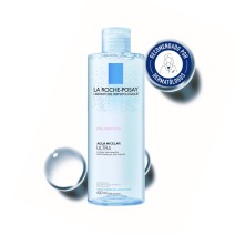 Agua Micelar para Pieles Reactivas Toleriane 400ml de La Roche Posay con textura de fondo y sello dermatológico