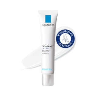 Gel reparador Cicaplast B5, 40ml de La Roche Posay con textura de fondo y sello dermatológico