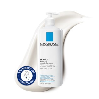 Crema hidratante para pieles sensibles La Roche Posay Lipikar Fluido 750ml con textura de fondo y sello dermatológico