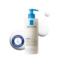 Crema limpiadora Lipikar Syndet AP+ de La Roche Posay 400 ml con textura de fondo y sello dermatológico