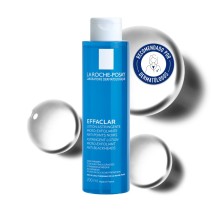 Loción Astringente Micro-Exfoliante de La Roche Posay Effaclar 200ml con textura de fondo y sello dermatológico