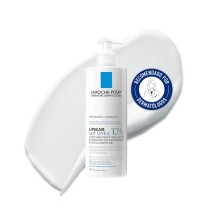 Leche Hidratante Lipikar Lait Urea 5+ de La Roche Posay 400ml con textura de fondo y sello dermatológico