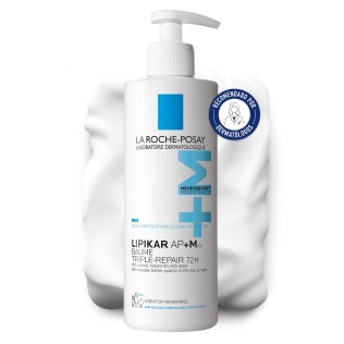 Bálsamo reponedor de lípidos  Lipikar Baume Ap+Max de La Roche Posay Lipikar 400ml con textura de fondo y sello dermatológico