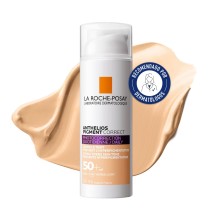 Protector solar Anthelios Pigment Correct Light SPF50+ de La Roche Posay 50ml con textura de fondo y sello dermatológico