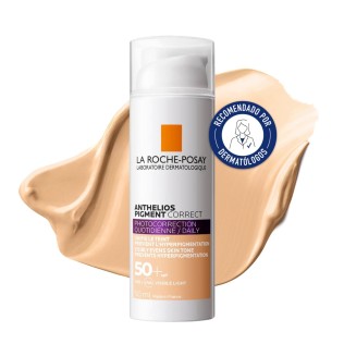 Protector solar Anthelios Pigment Correct Light SPF50+ de La Roche Posay 50ml con textura de fondo y sello dermatológico