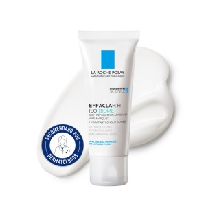 Crema Hidratante Effaclar H Iso-Biome de La Roche Posay 40ml con textura de fondo y sello dermatológico