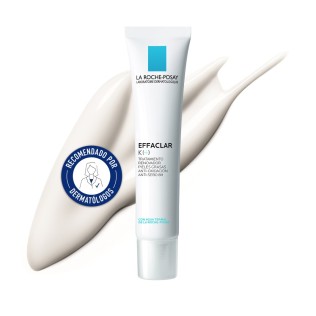 Tratamiento renovador  Effaclar K [+]  30 ml de La Roche Posay con textura de fondo y sello dermatológico