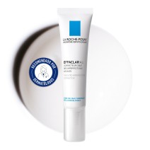 Tratamiento anti-acné local intensivo  Effaclar A.I. 15ml de La Roche Posay con textura de fondo y sello dermatológico