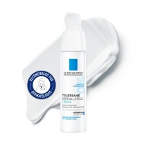 Crema Hidratante Toleraine Dermallegro 40ml de La Roche Posay con textura de fondo y sello dermatológico