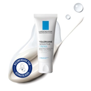 Crema Hidratante Toleriane Sensitive 40 ml de La Roche Posay con textura de fondo y sello dermatológico