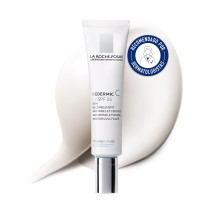 Tratamiento rellenador Redermic C-UV  40ml de La Roche Posay con textura de fondo y sello dermatológico