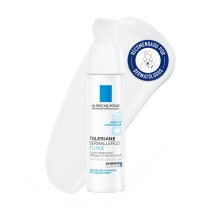 Crema Hidratante Calmante Toleriane Dermallergo Fluido 40ml de La Roche Posay con textura de fondo y sello dermatológico