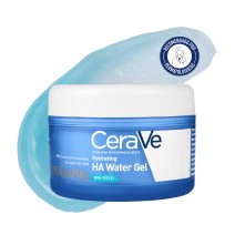 Crema tipo Gel Hidratante Acido Hialuronico 48g de Cerave con textura de fondo y sello dermatológico