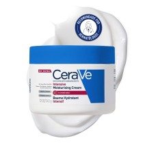 Crema Hidratante Intensiva 345g de Cerave  con textura de fondo y sello dermatológico