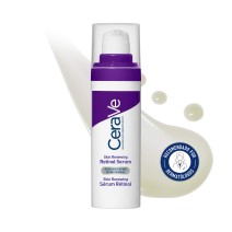 Sérum con Retinol Cerave Skin Renewing 30ml con textura de fondo y sello dermatológico
