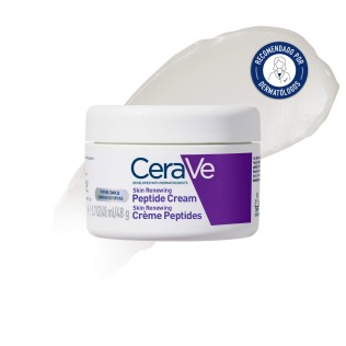 Crema Hidratante con péptidos Cerave Skin Renewing 48ml con textura de fondo y sello dermatológico