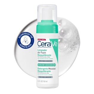 Limpiador Reequilibrante Cerave Air Foam 148ml con textura de fondo y sello dermatológico