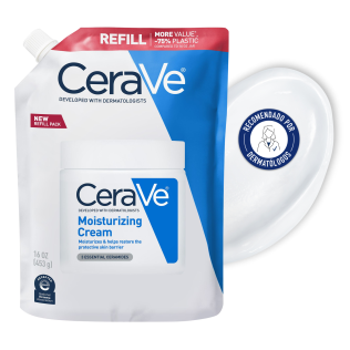 Crema Hidratante Recarga Cerave 454ml con textura de fondo y sello dermatológico
