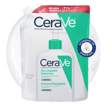 Limpiador Espumoso Recarga 473ml Cerave con textura de fondo y sello dermatológico