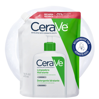 Recarga Limpiador Hidratante 473ml Cerave con textura de fondo y sello dermatológico