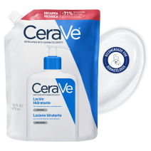 Recarga 473ml Loción Hidratante de Cerave con textura de fondo y sello dermatológico