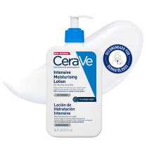 Locion Hidratacion Intensiva 473ml de Cerave con textura de fondo y sello dermatológico