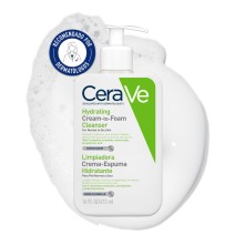 Crema Espumosa Limpiadora Hidratante Facial 473ml Cerave con textura de fondo y sello dermatológico