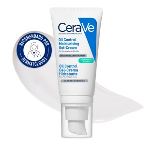 Gel Crema Hidratante Cerave Oil Control 52ml con textura de fondo y sello dermatológico