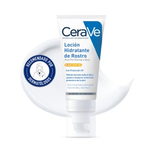 Locion Hidratante de Rostro SPF50 52ml Cerave con textura de fondo y sello dermatológico