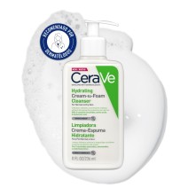 Limpiador Crema Espumosa, 236ml CeraVe con textura de fondo y sello dermatológico