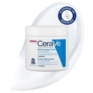 Crema Hidratante Formato Familiar 454ml CeraVe con textura de fondo y sello dermatológico