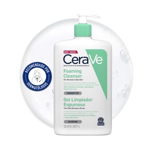 Limpiador Espumoso Formato Familiar 1000 ml CeraVe con textura de fondo y sello dermatológico