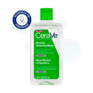 Agua Micelar 295ml CeraVe con textura de fondo y sello dermatológico