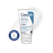Crema Renovadora Manos 50ml CeraVe con textura de fondo y sello dermatológico