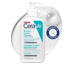 Limpiador Control Imperfecciones 236ml CeraVe con textura de fondo y sello dermatológico