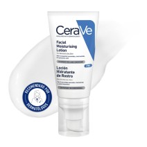 Locion Hidratante Facial 52ml CeraVe con textura de fondo y sello dermatológico