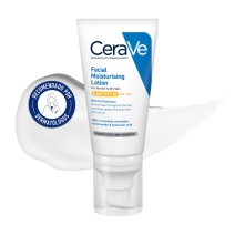 Locion Hidratante Facial SPF30 52ml CeraVe con textura de fondo y sello dermatológico