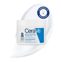 Crema Hidratante Piel Seca 340g CeraVe con textura de fondo y sello dermatológico
