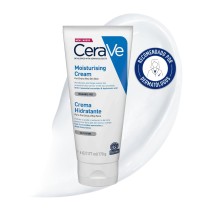 Crema Hidratante Piel Seca 177g CeraVe con textura de fondo y sello dermatológico