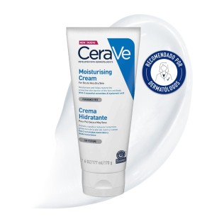 Crema Hidratante Piel Seca 177g CeraVe con textura de fondo y sello dermatológico