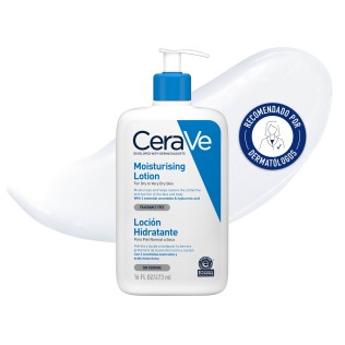 Locion Hidratante 473ml CeraVe con textura de fondo y sello dermatológico