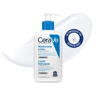 Locion Hidratante 236ml CeraVe con textura de fondo y sello dermatológico